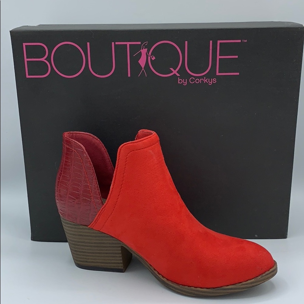 Corkys red Kipling bootie w/ croc trim